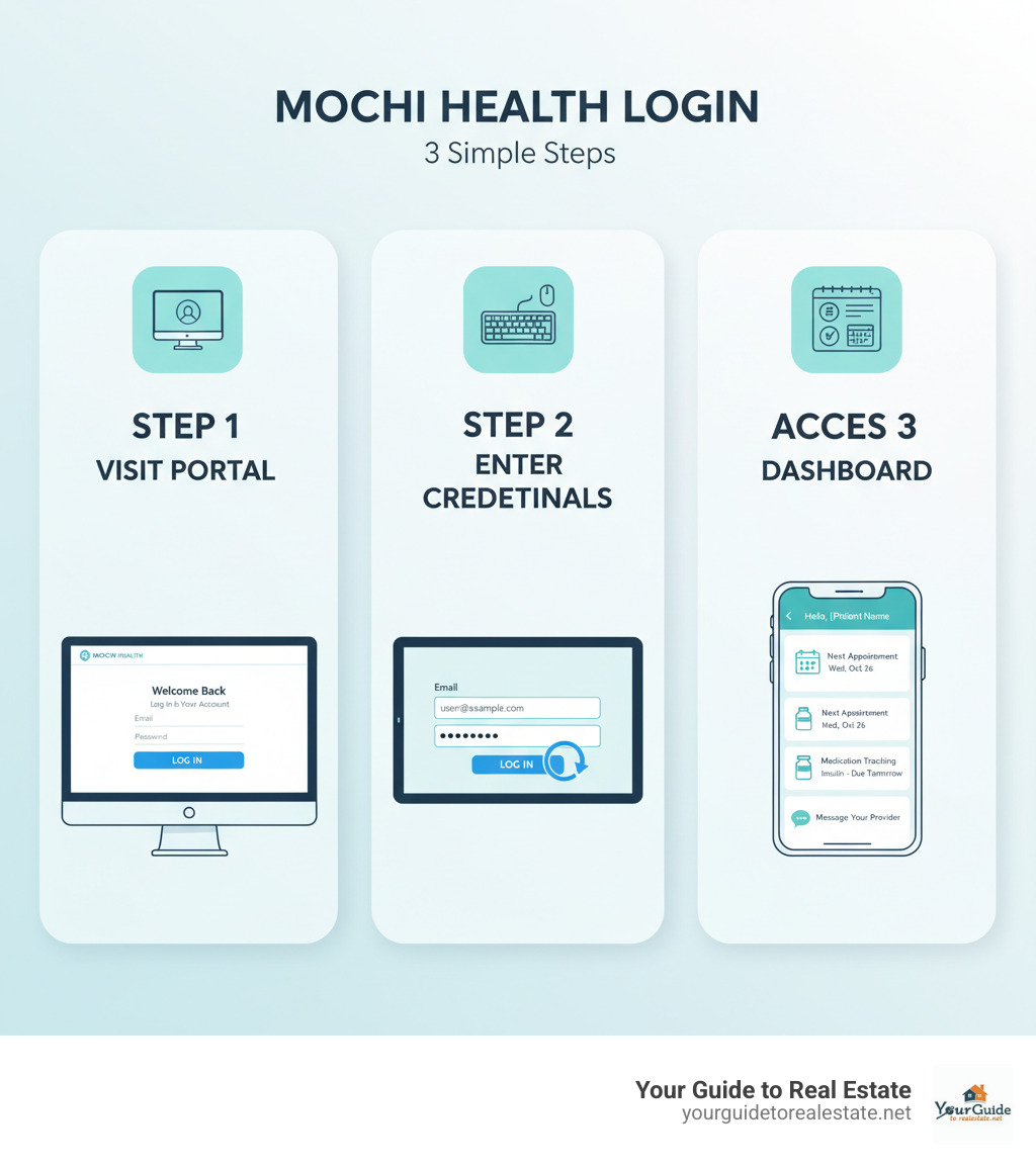 Infographic showing the 3 simple steps to log in to Mochi Health: Step 1 shows a computer screen with the official login page, Step 2 displays credential entry fields for email and password, Step 3 shows the patient dashboard with appointment scheduling, medication tracking, and provider messaging features - mochi health login infographic 