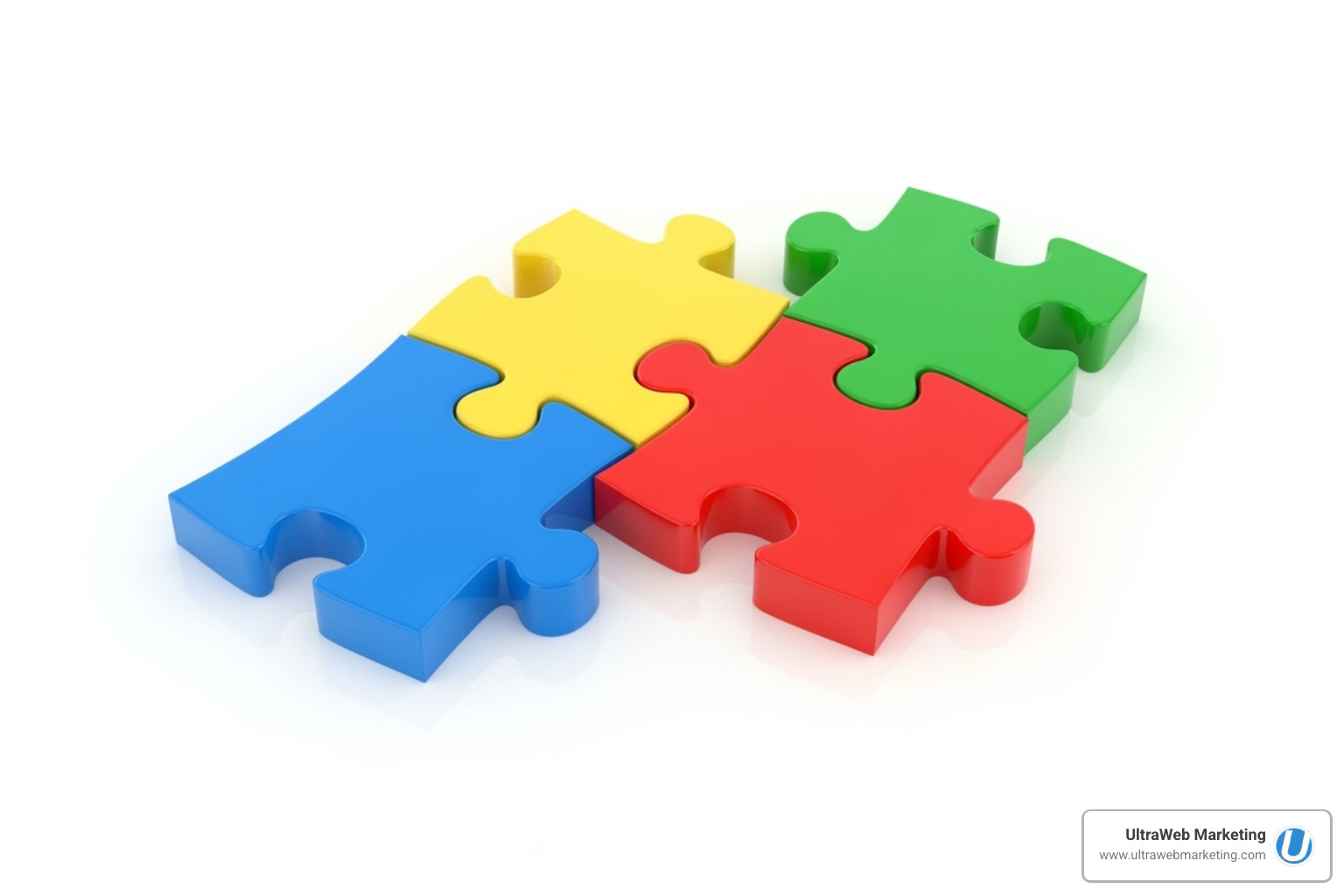 puzzle pieces labeled "Design," "SEO," "Content," and "Development" coming together - full service web design puzzle pieces labeled "Design," "SEO," "Content," and "Development" coming together - full service web design
