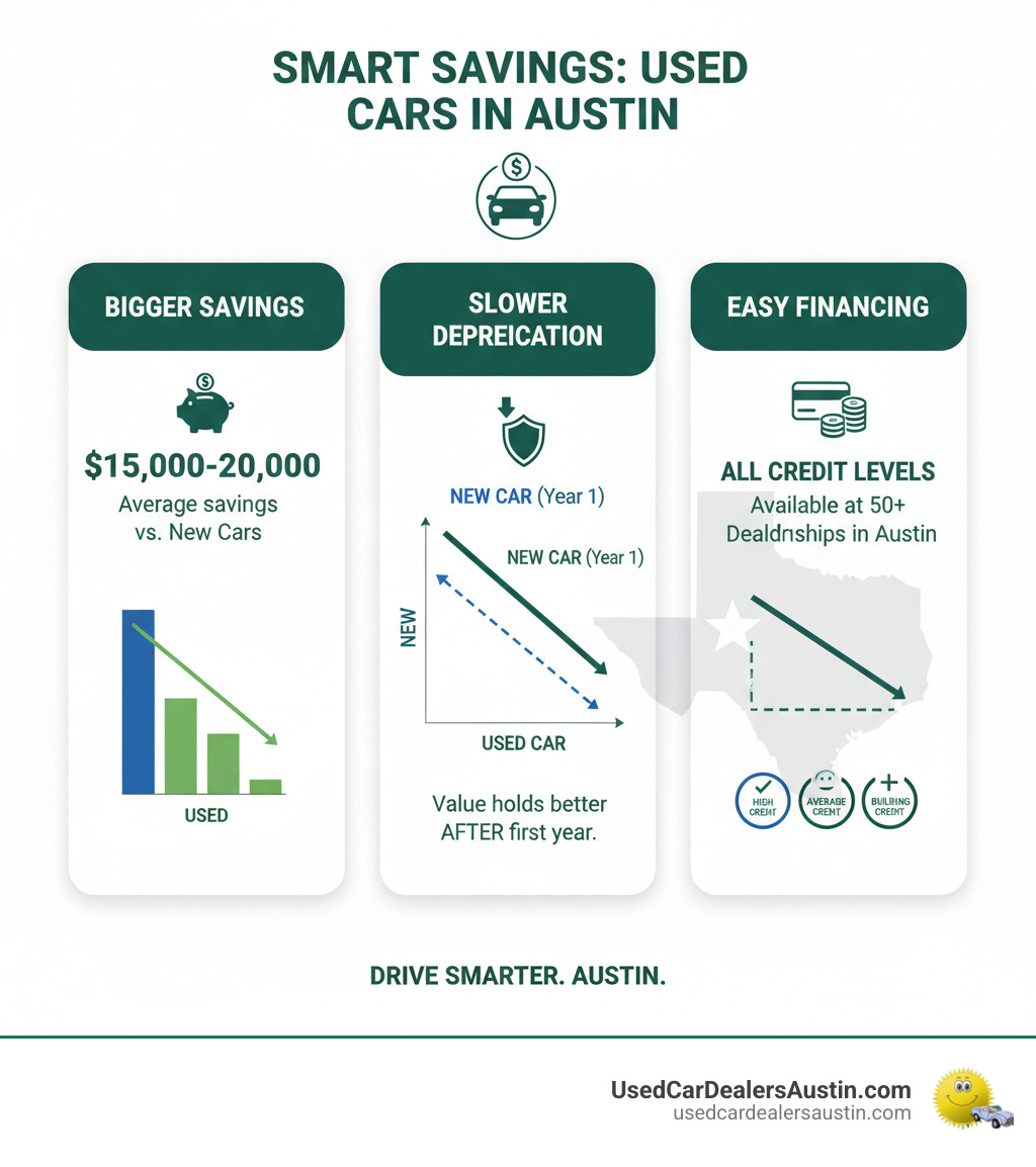 Infographic showing the financial advantages of buying used cars in Austin, including average savings of $15,000-20,000 compared to new vehicles, slower depreciation rates after year one, and the availability of financing options for all credit levels across Austin's 50+ dealership locations - used car dealers austin infographic
