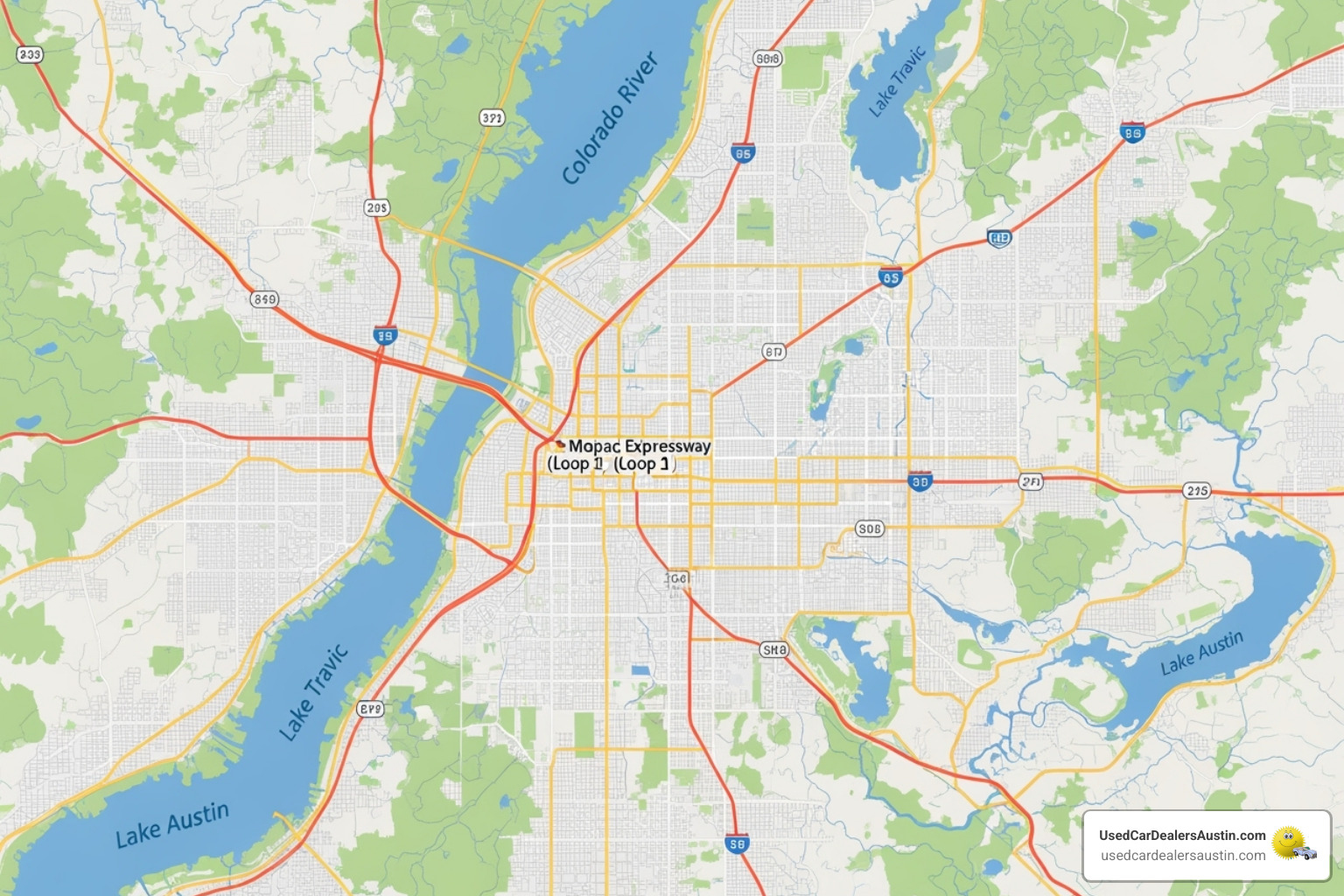 map of Austin area highlighting major corridors - used car dealers austin