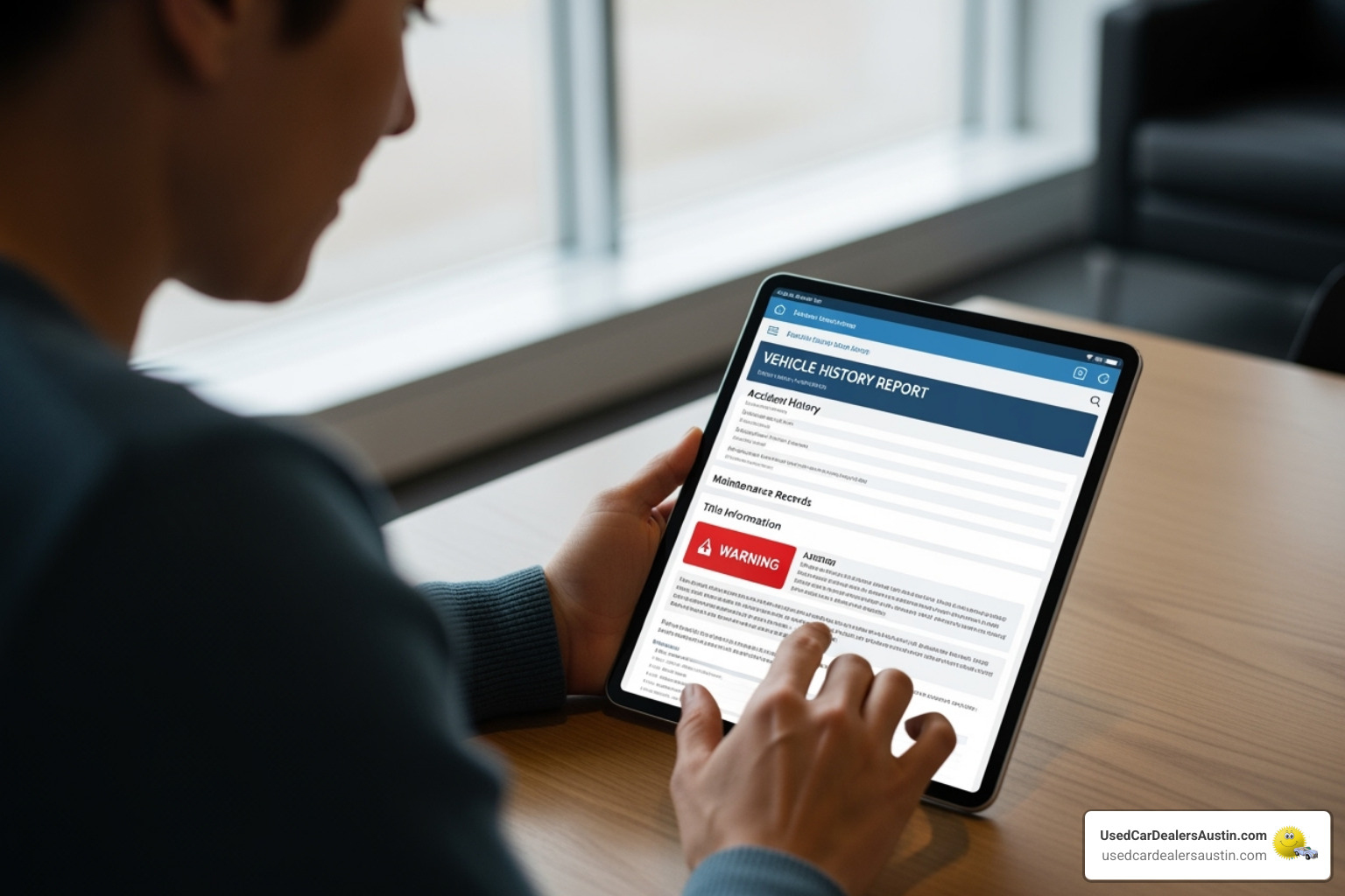 person reviewing CARFAX report on tablet - used car dealers austin
