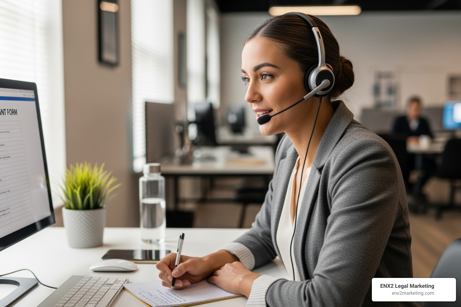 Law firm intake specialist on the phone, wearing a headset, appearing professional and empathetic. - motor vehicle accident leads