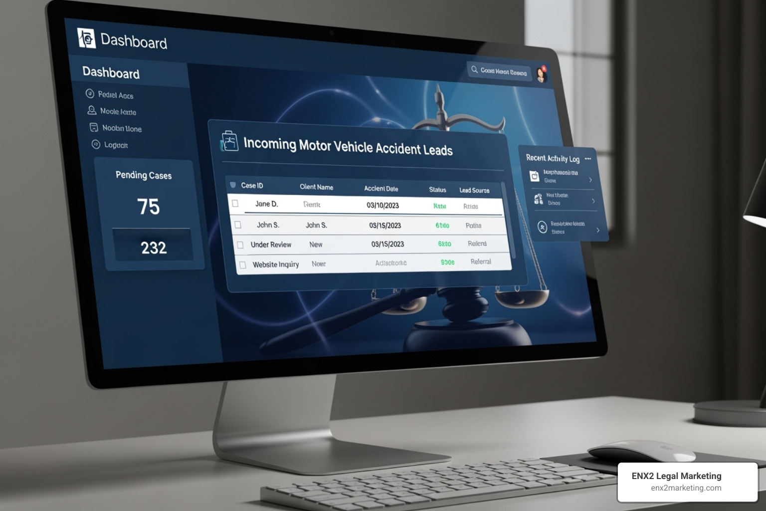 Law firm dashboard displaying incoming MVA leads with anonymized case details. - motor vehicle accident leads