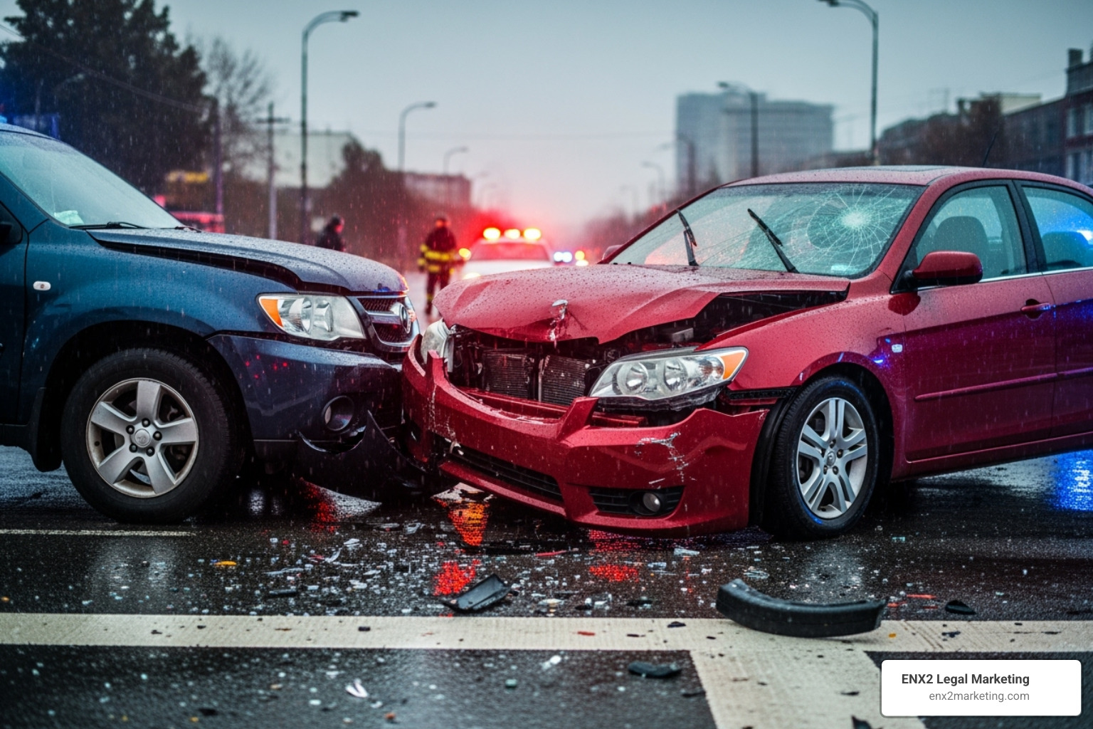 Screenshot of a Google search results page for "car accident lawyer" with paid ads highlighted. - motor vehicle accident leads