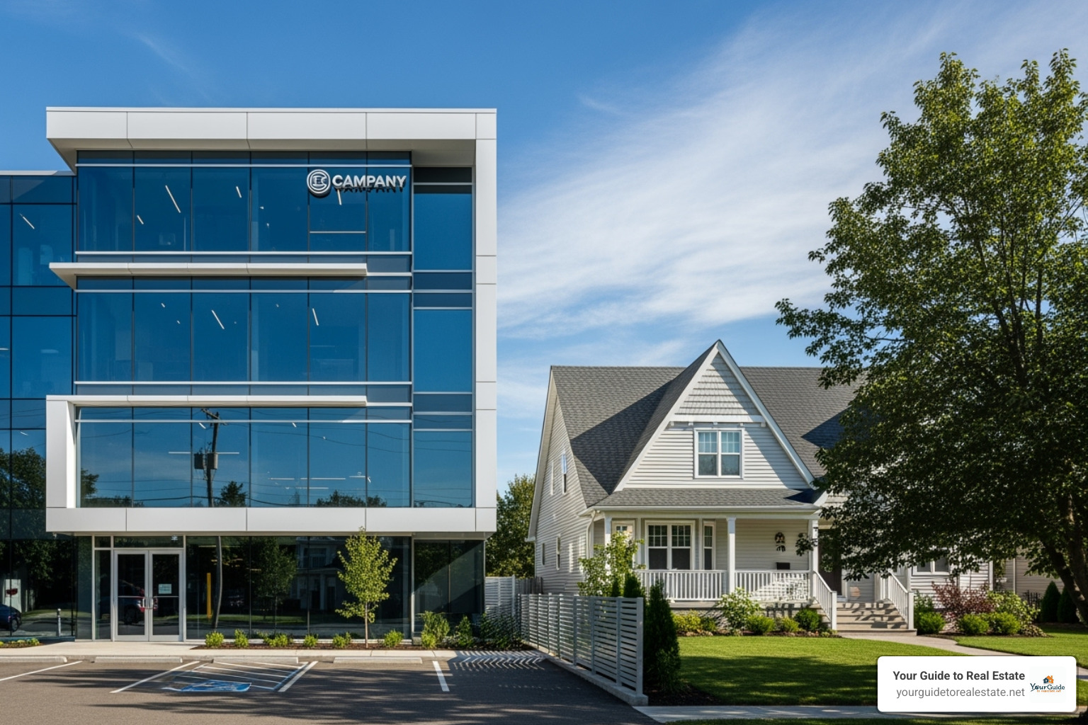 commercial building and residential home side-by-side - how to become a real estate agent