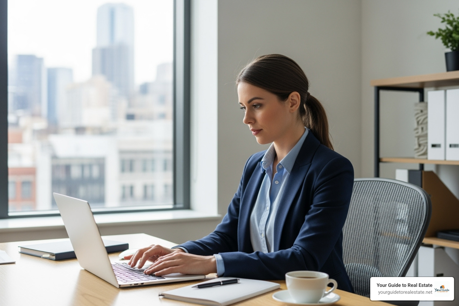 real estate agent working on a laptop in a modern office - how to become a real estate agent