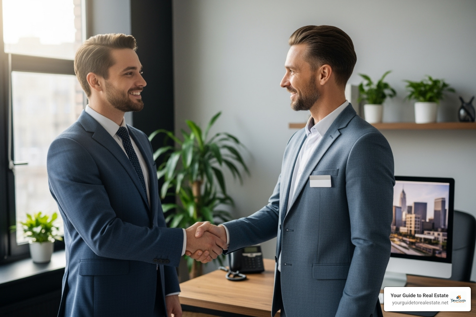new agent shaking hands with brokerage manager - how to become a real estate agent
