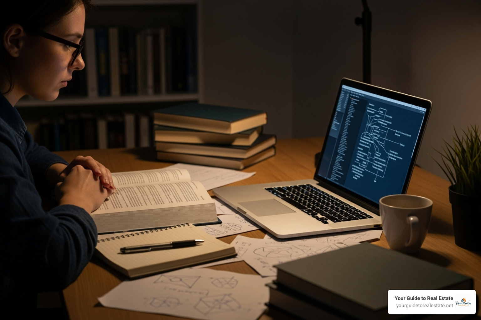 A person with glasses studying intently on a laptop, surrounded by books and notes, symbolizing online learning and preparation for an exam. - how long does it take to become a real estate agent