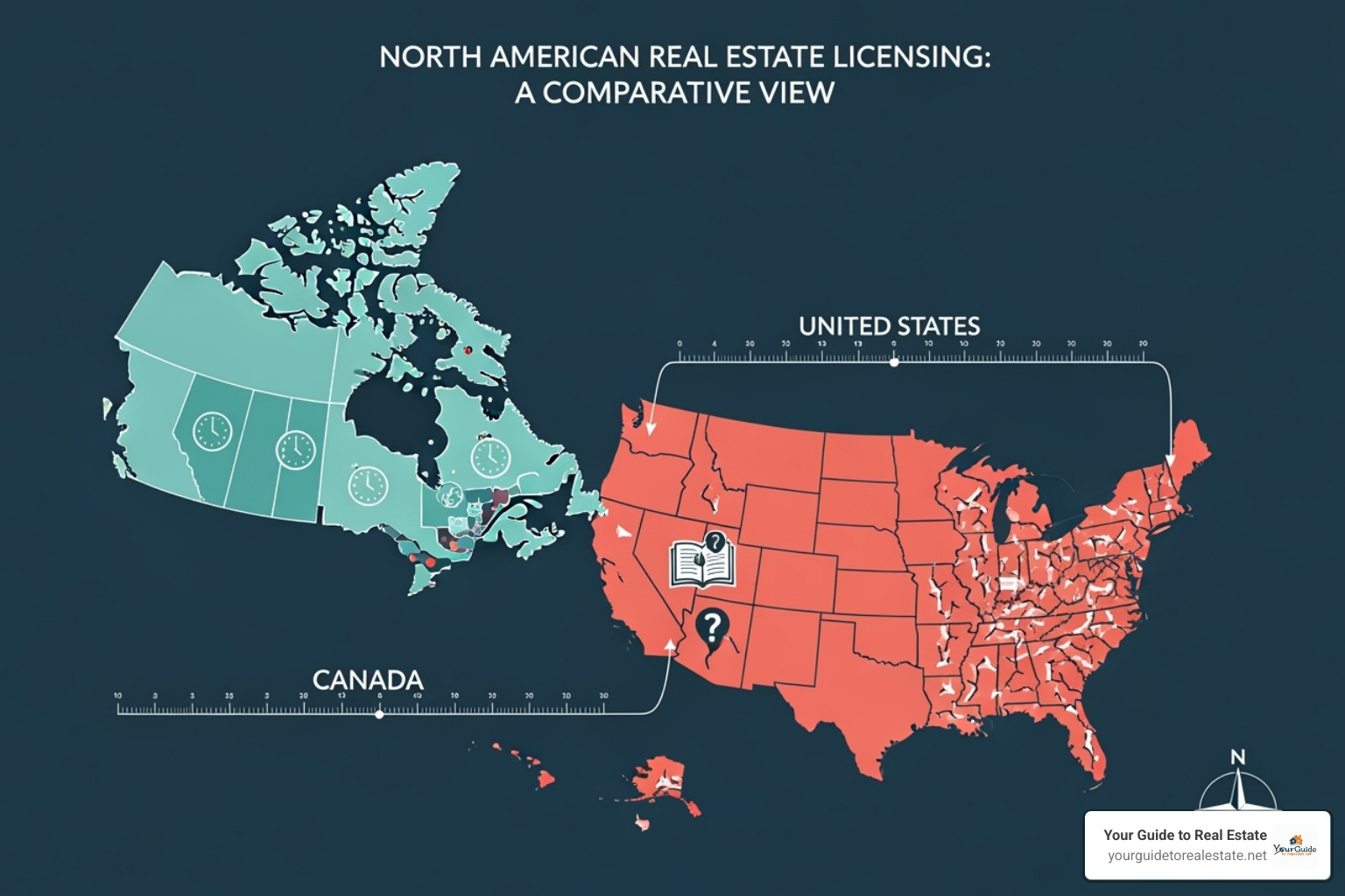 A map highlighting Canada and the United States, indicating the different real estate licensing requirements and timelines in each country. - how long does it take to become a real estate agent