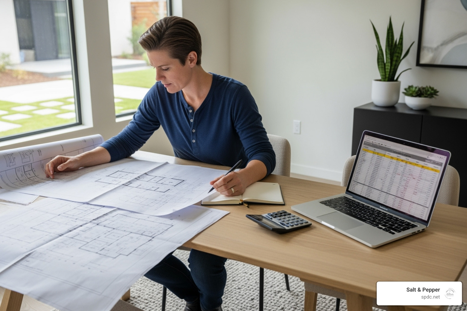 Homeowner reviewing blueprints and budget spreadsheet - home renovation clearwater fl Homeowner reviewing blueprints and budget spreadsheet - home renovation clearwater fl