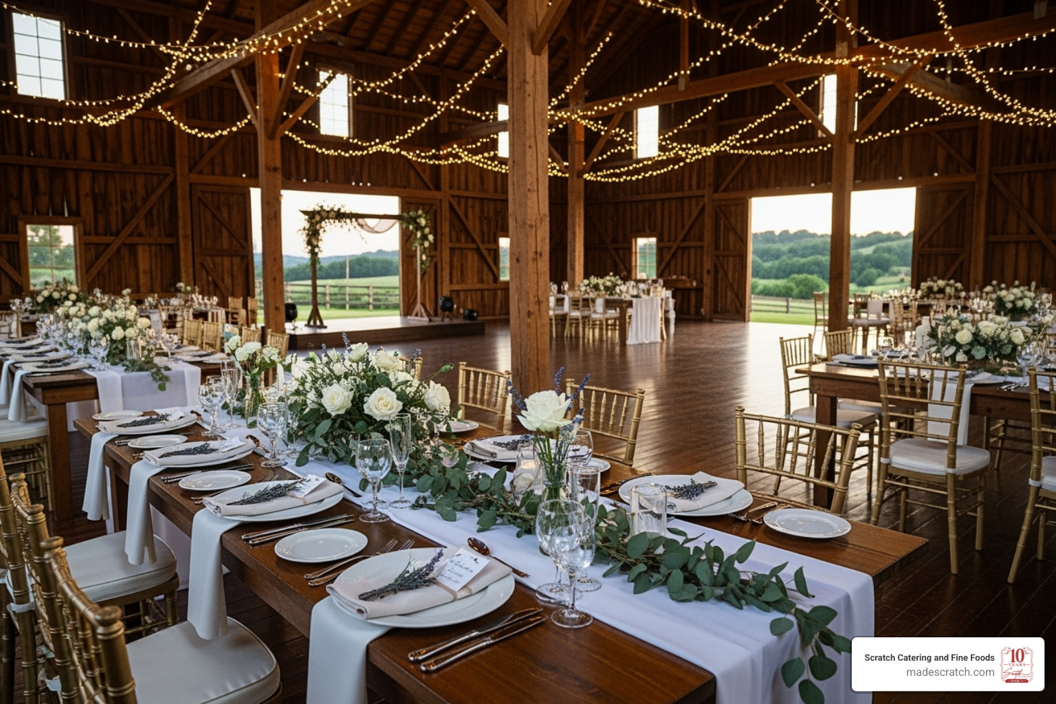 A beautiful rustic barn wedding venue with string lights and neat reception setup - wedding venues in dfw that allow outside catering