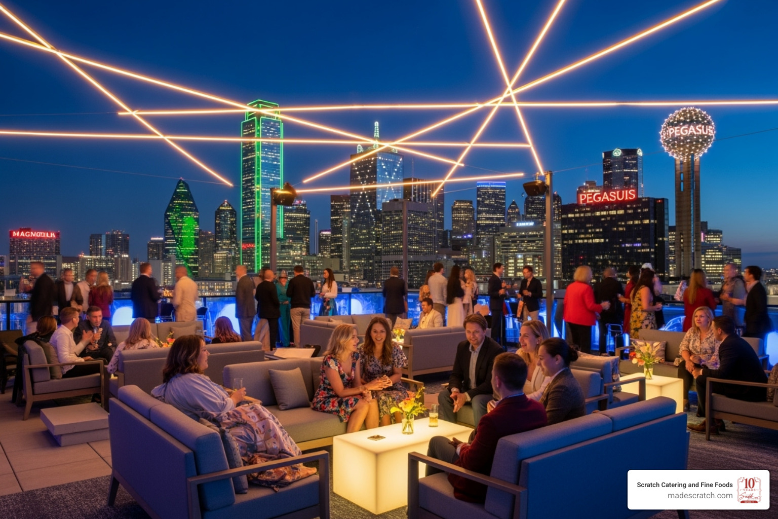 The vibrant rooftop deck at 2616 Commerce Event Center overlooking the Dallas skyline - wedding venues in dfw that allow outside catering