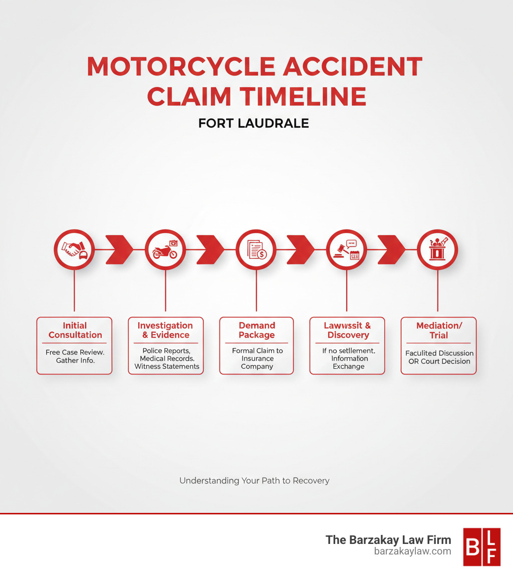 Infographic showing a timeline for a motorcycle accident claim process, from initial consultation to settlement or trial - Fort Lauderdale motorcycle accident attorney infographic 