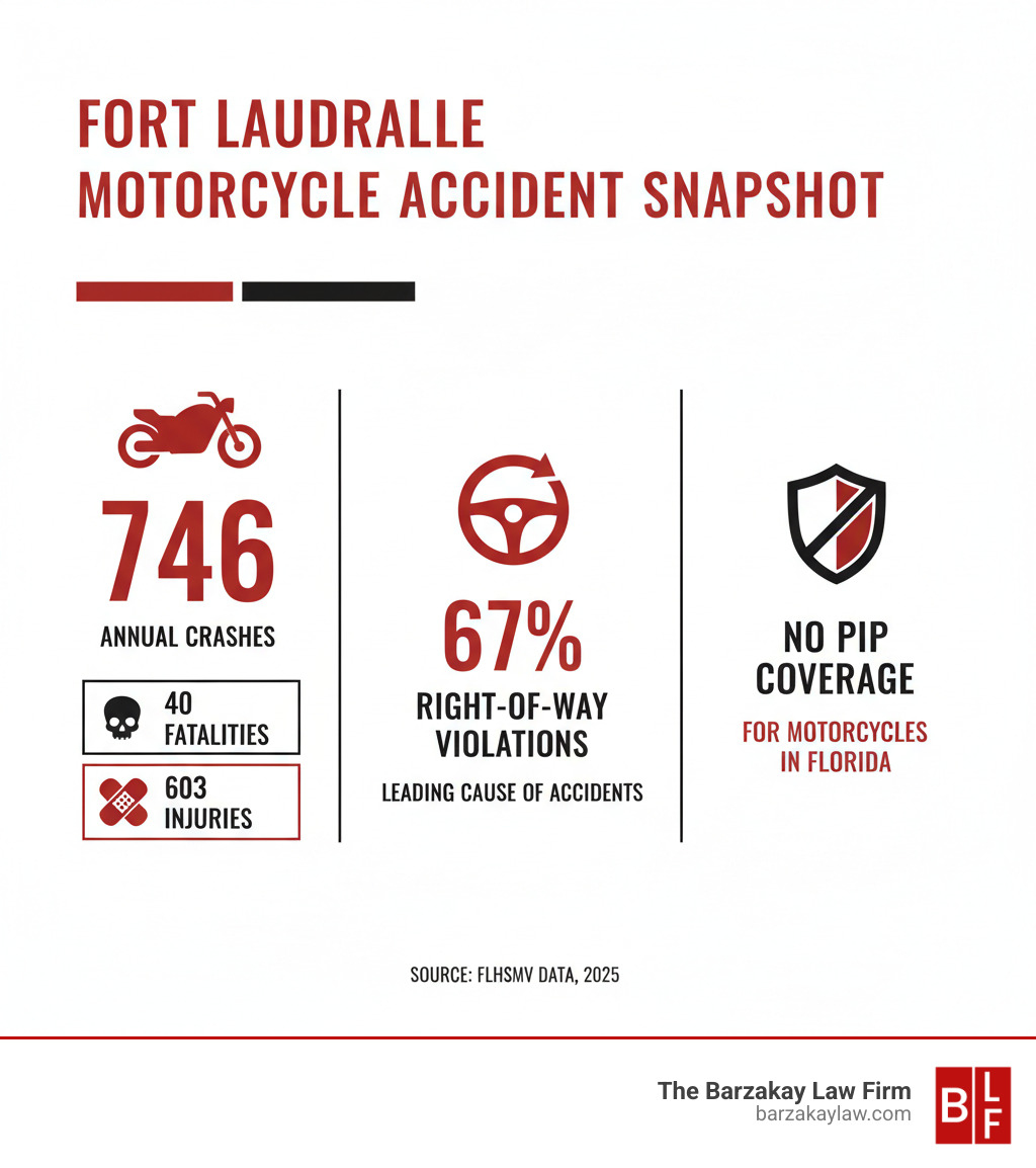 Infographic showing Fort Lauderdale motorcycle accident statistics including 746 annual crashes in the Fort Lauderdale area with 40 fatalities and 603 injuries, plus key facts about right-of-way violations being the leading cause of accidents and the lack of PIP coverage for motorcycles in Florida - Fort Lauderdale motorcycle accident attorney infographic 
