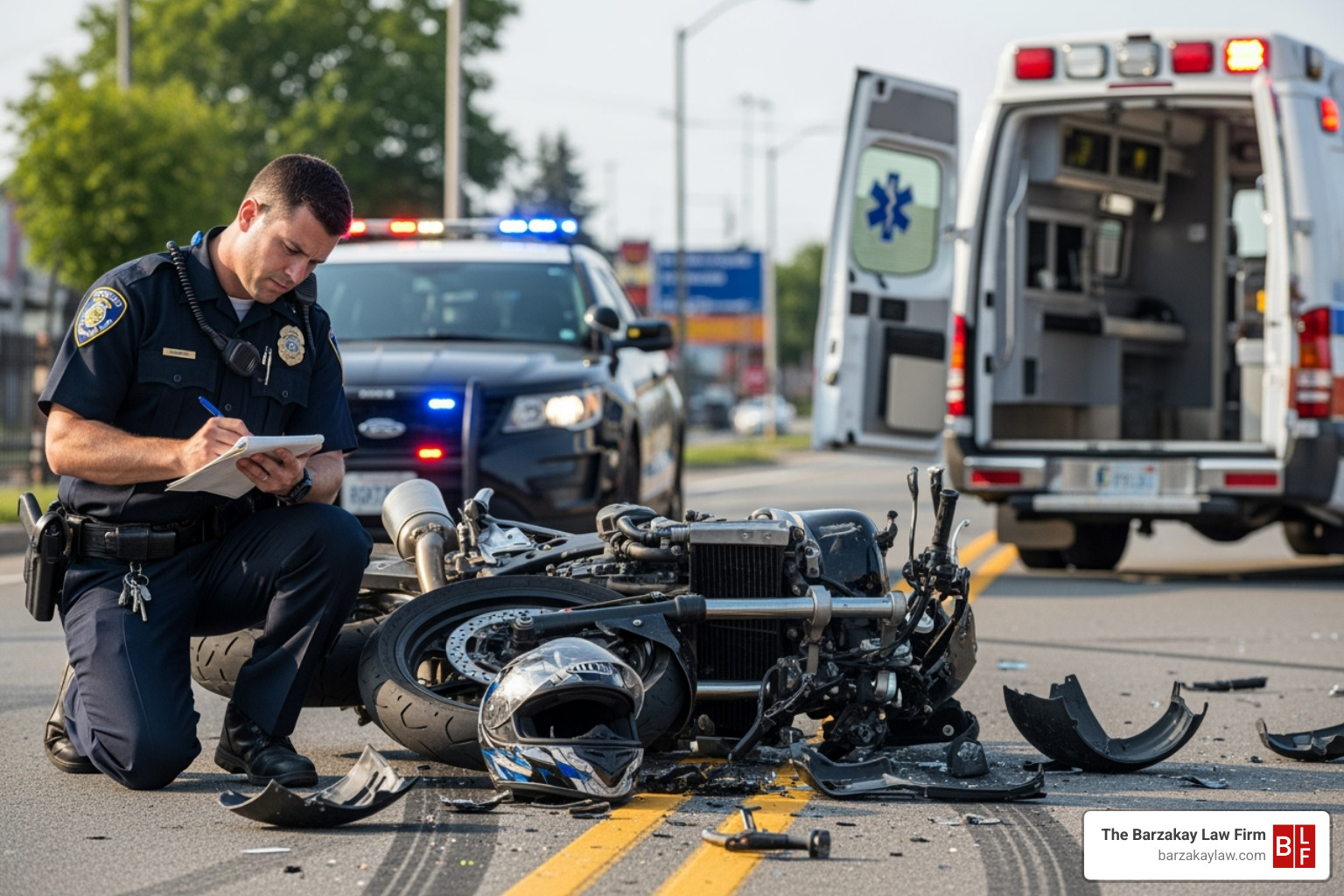 Image of an accident scene with a police officer taking notes - Fort Lauderdale motorcycle accident attorney