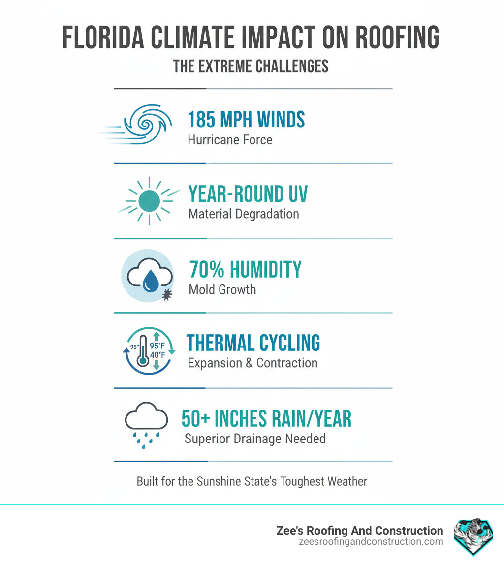 Infographic showing Florida's climate impact on roofing systems, including hurricane wind speeds up to 185 mph, year-round UV exposure causing material degradation, humidity levels above 70% promoting mold growth, thermal cycling from 40°F to 95°F temperature swings, and annual rainfall of 50+ inches requiring superior drainage - roofing companies in florida infographic 