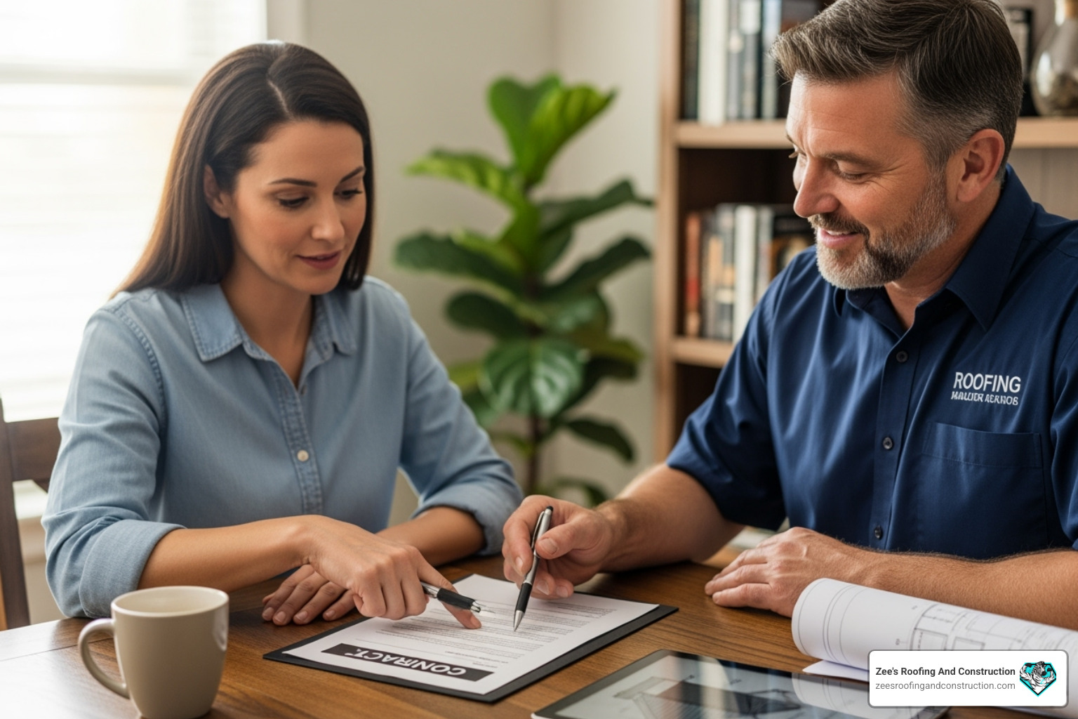 homeowner reviewing contract with roofer - roofing companies in florida