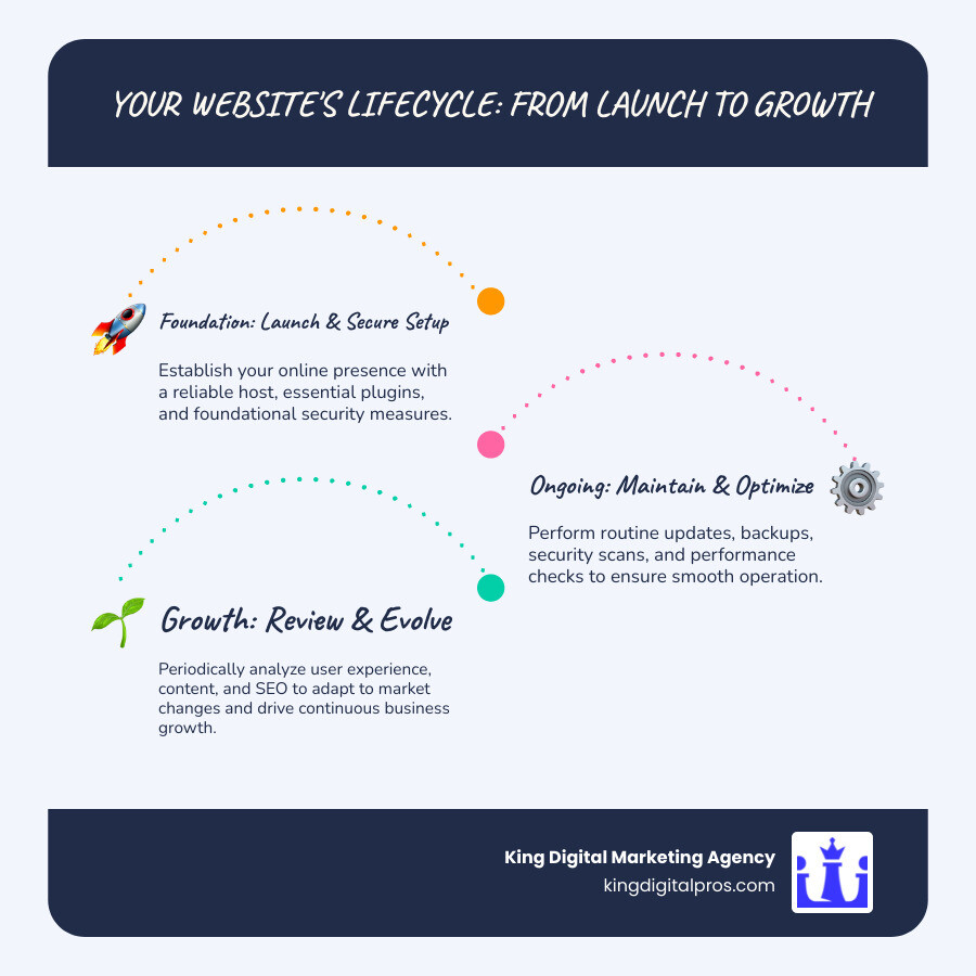Infographic showing the website maintenance lifecycle from launch through ongoing security updates, performance optimization, content updates, and strategic reviews with timeline indicators for weekly, monthly, and quarterly tasks - small business website maintenance infographic infographic-line-3-steps-blues-accent_colors
