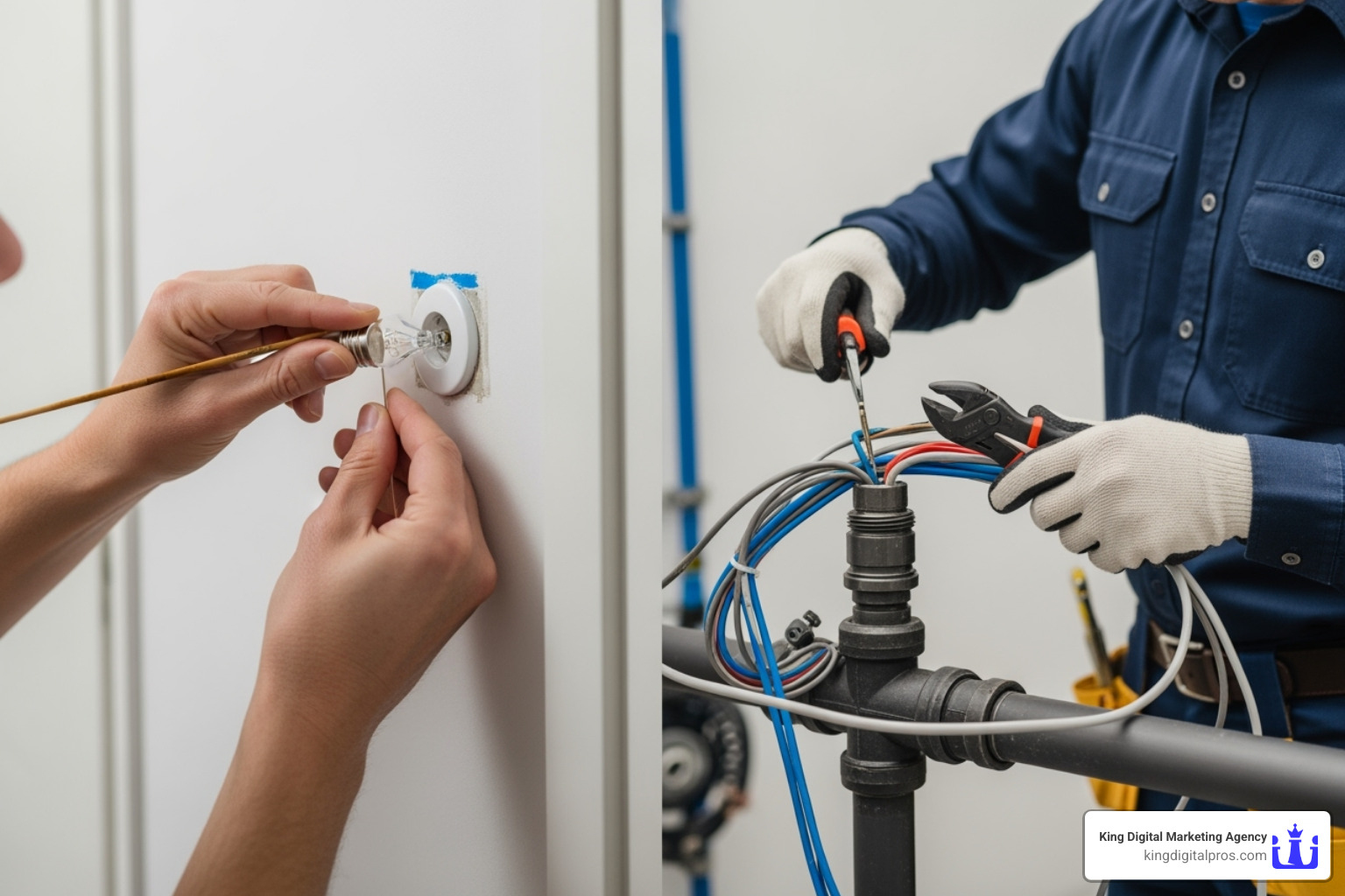 Split screen showing a person doing DIY home repair on one side and a a professional contractor on the other - small business website maintenance
