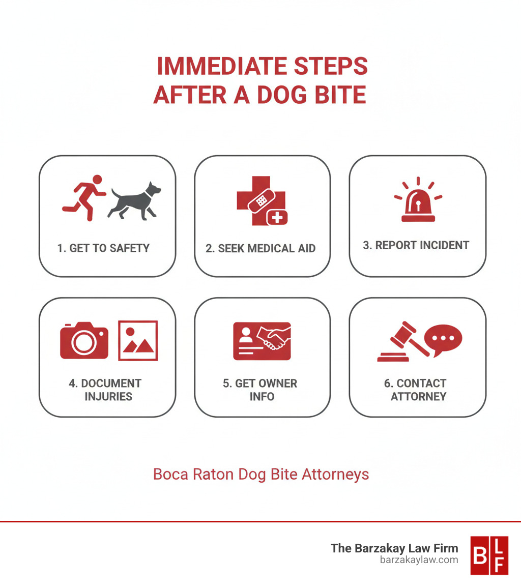 Infographic showing immediate steps after dog bite: 1. Get to safety and away from the dog, 2. Seek immediate medical attention even for minor wounds, 3. Report the incident to local animal control and police, 4. Document injuries with photos, 5. Get owner's contact and insurance information, 6. Contact a dog bite attorney - boca raton dog bite attorneys infographic 