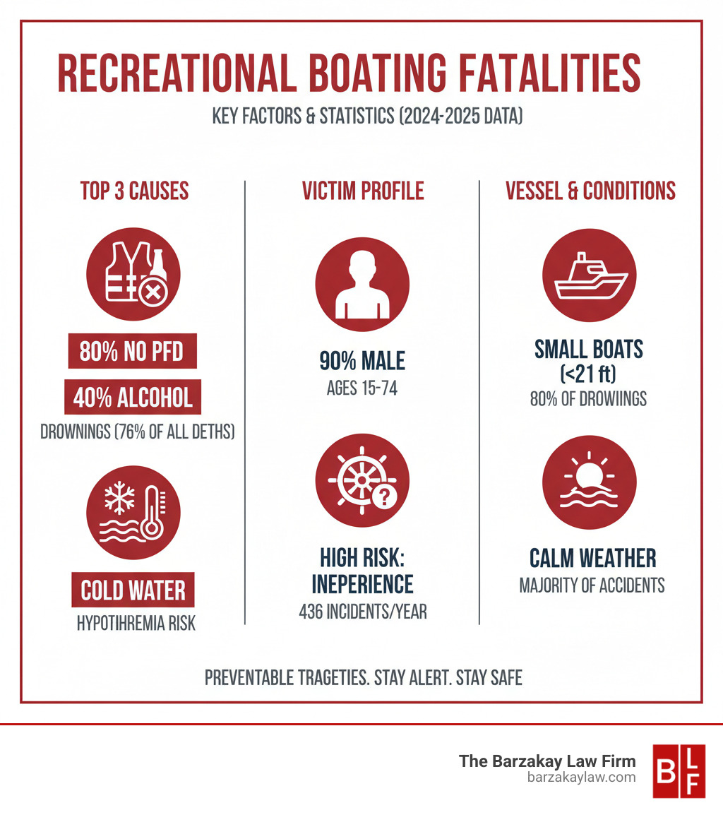 Infographic explaining the top 3 factors in recreational boating deaths: 80% not wearing PFDs, 40% alcohol consumption, and 50% cold water conditions with detailed statistics on drowning rates, operator inexperience, and vessel types most commonly involved in fatal accidents - boating accident statistics infographic 