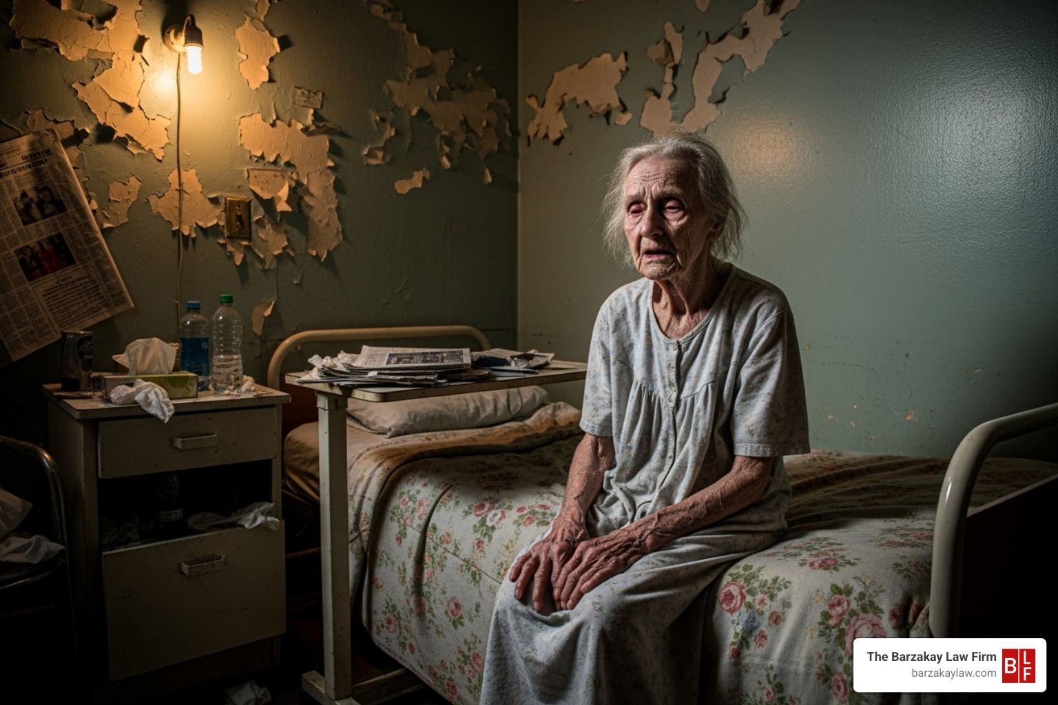 An image showing a dimly lit, unsanitary nursing home room with a resident looking distressed and neglected, emphasizing poor living conditions. - nursing home negligence attorney