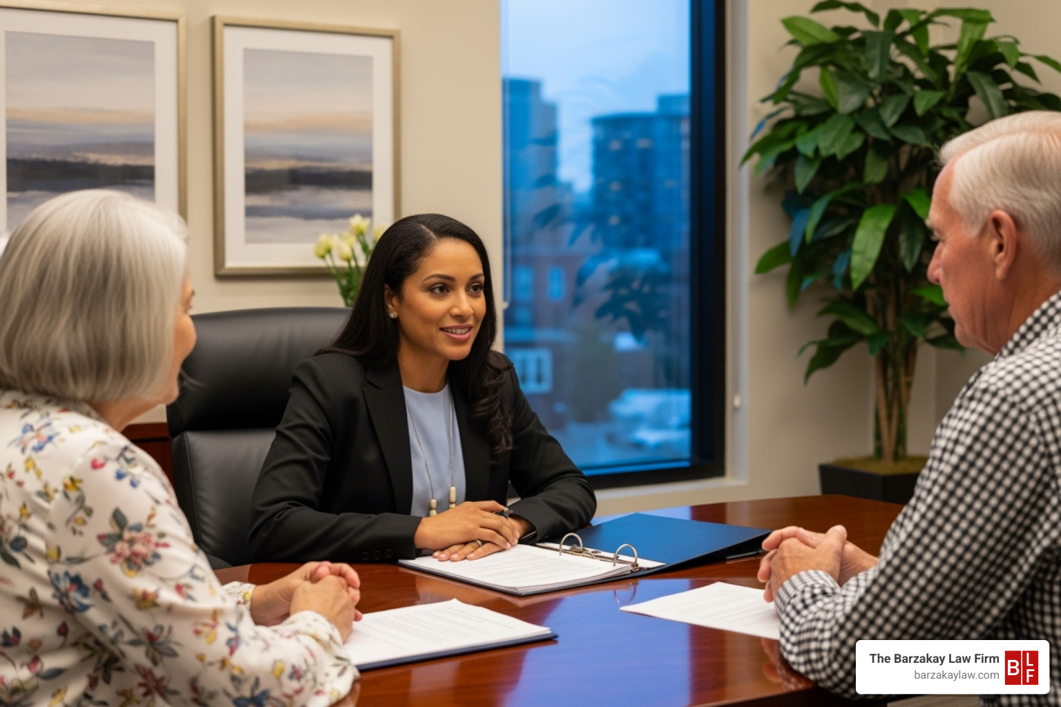 A compassionate lawyer sits at a table with a family, listening intently and offering support, symbolizing legal guidance during a difficult time. - nursing home negligence attorney