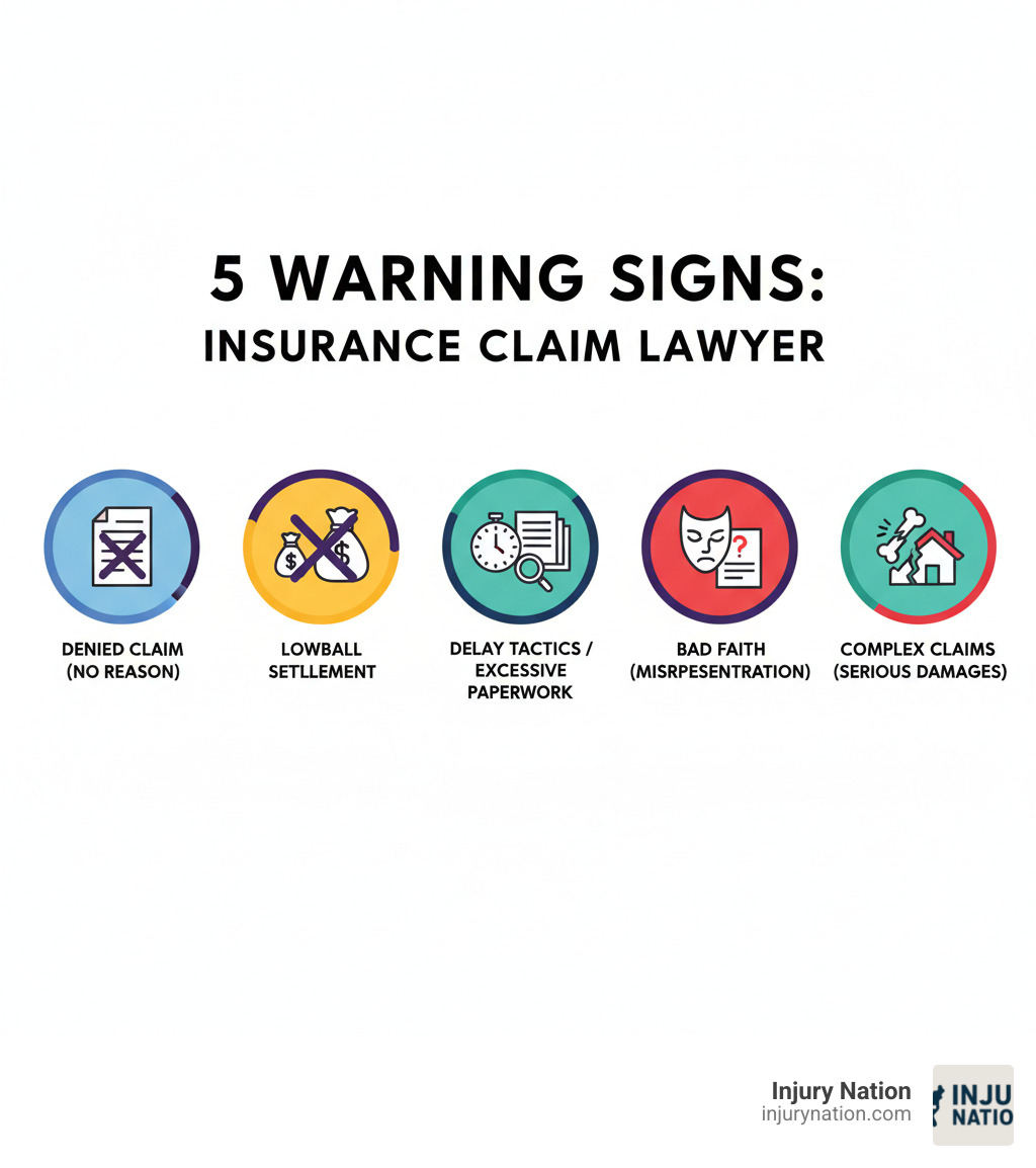 Infographic showing 5 clear warning signs you need an insurance claim lawyer: denied claim without reasonable basis, settlement offer significantly below actual damages, insurance company using delay tactics or requesting excessive documentation, suspicion of bad faith practices like misrepresenting policy terms, and complex claims involving serious injuries or substantial property damage - insurance claim lawyer infographic Infographic showing 5 clear warning signs you need an insurance claim lawyer: denied claim without reasonable basis, settlement offer significantly below actual damages, insurance company using delay tactics or requesting excessive documentation, suspicion of bad faith practices like misrepresenting policy terms, and complex claims involving serious injuries or substantial property damage - insurance claim lawyer infographic
