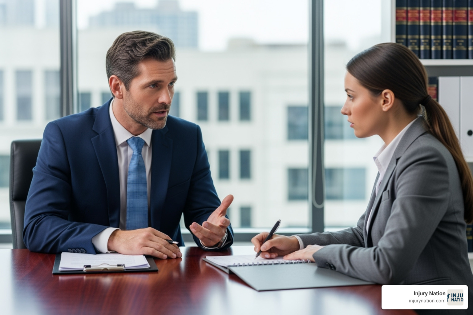 lawyer confidently negotiating with an insurance adjuster - insurance claim lawyer lawyer confidently negotiating with an insurance adjuster - insurance claim lawyer