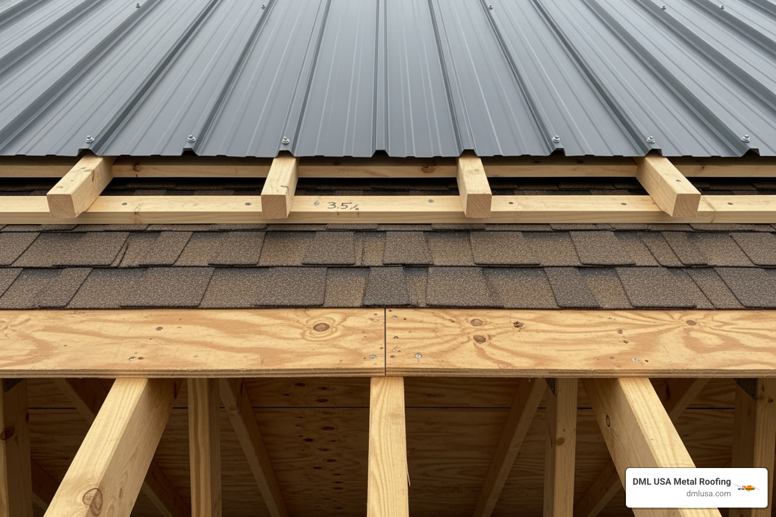 Image showing an air gap created by purlins between an existing shingle roof and new metal panels - are purlins required for metal roofing over shingles