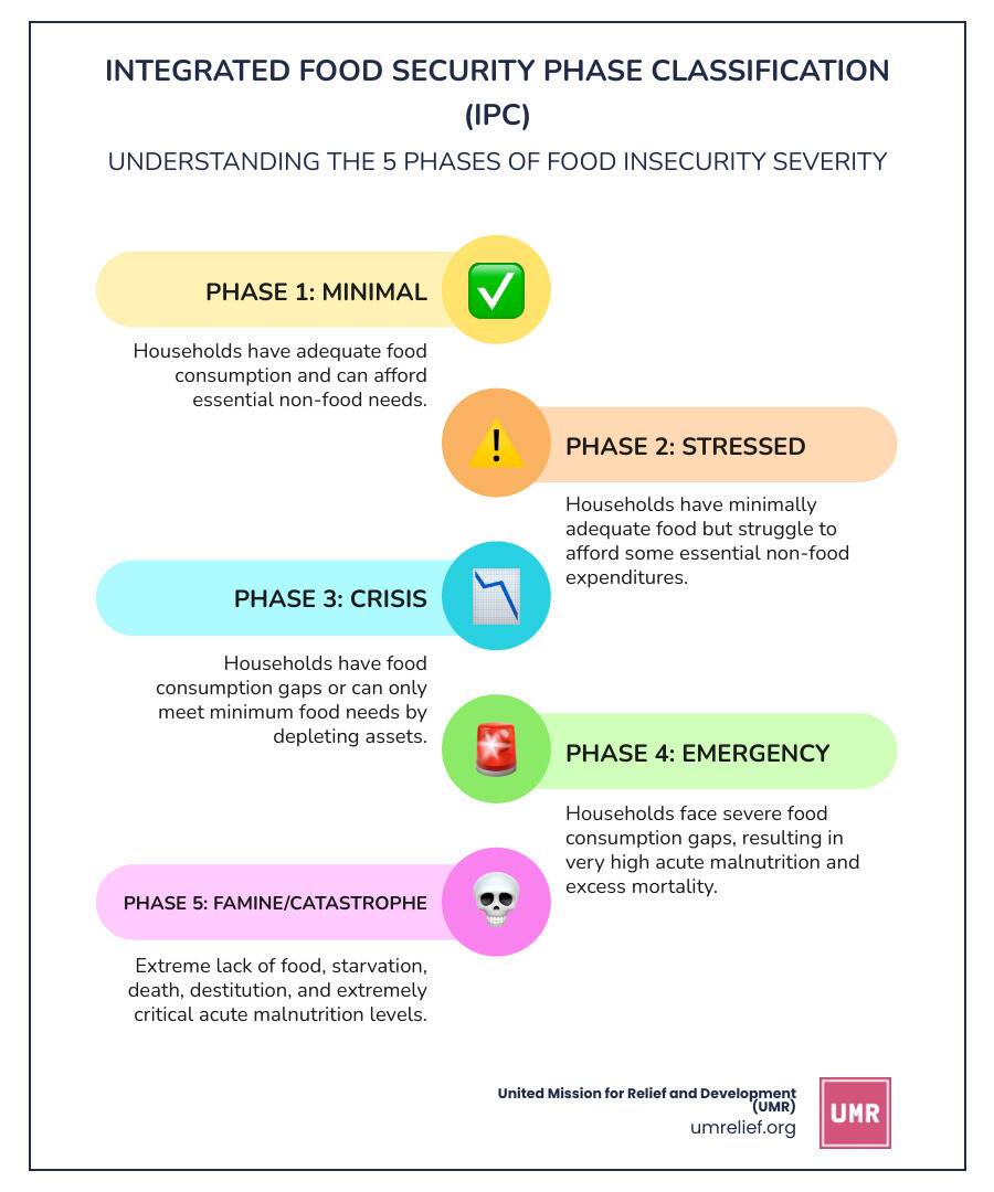 Infographic showing the 5 phases of the Integrated Food Security Phase Classification (IPC) scale, from Phase 1 Minimal food insecurity to Phase 5 Famine/Catastrophe, with specific thresholds for household food consumption, acute malnutrition rates, and mortality indicators that determine each classification level - Gaza food insecurity infographic infographic-line-5-steps-colors