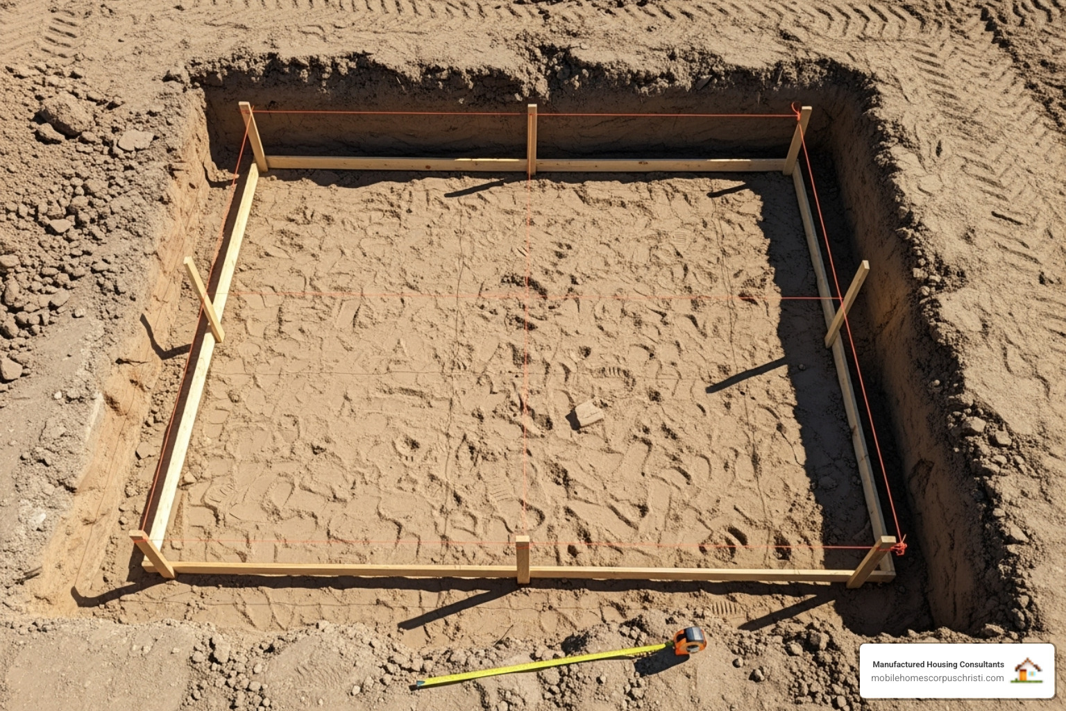 A neatly excavated area with string lines marking the perimeter of a future concrete slab - preparing land for concrete slab