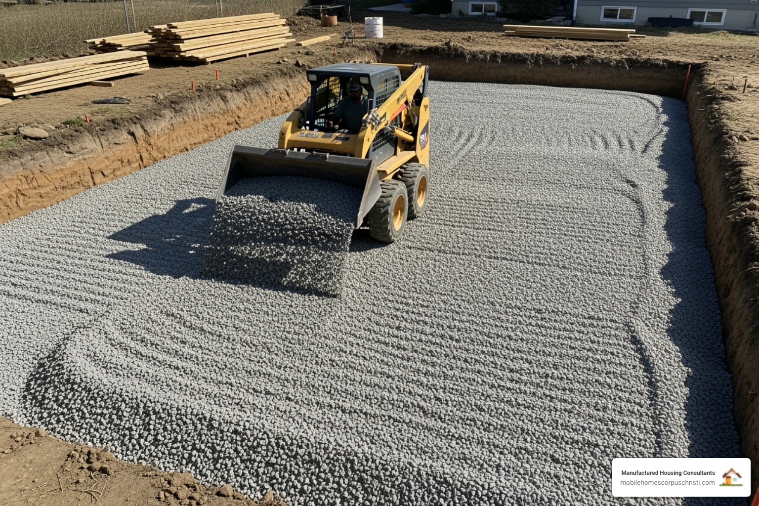 Gravel being spread evenly across an excavated area, ready for compaction - preparing land for concrete slab
