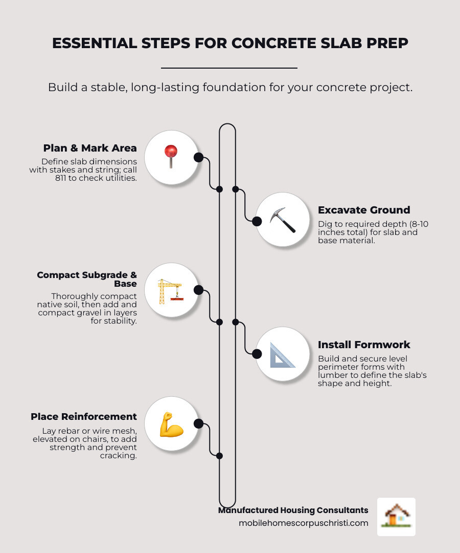 Step-by-step infographic showing the 6 key stages of concrete slab preparation: Plan (marking area with stakes), Excavate (digging to proper depth), Compact (tamping native soil), Add Base (spreading gravel layers), Form (installing perimeter boards), and Reinforce (placing rebar grid) - preparing land for concrete slab infographic infographic-line-5-steps-neat_beige