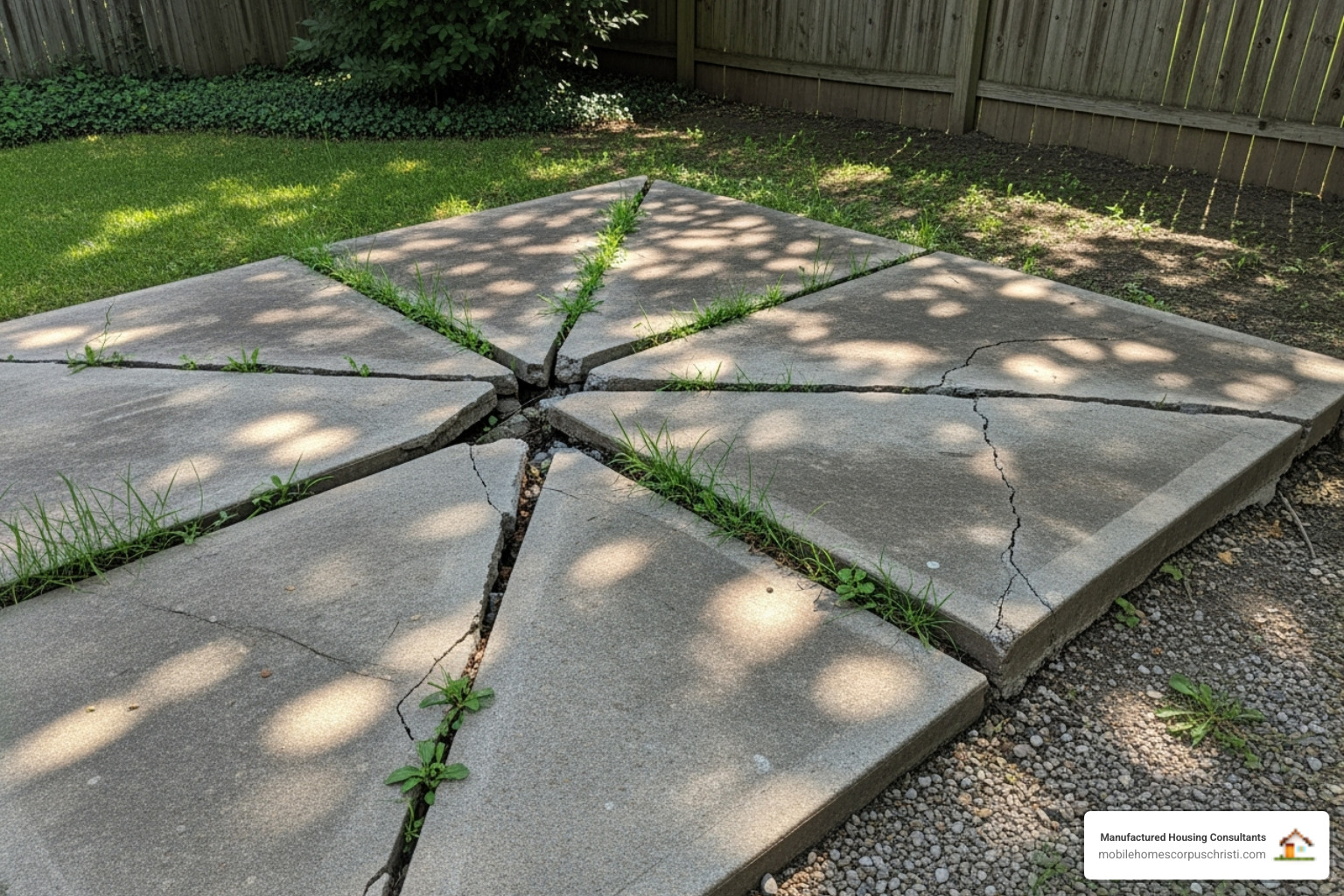 A cracked and sunken concrete slab, illustrating the consequences of poor ground preparation - preparing land for concrete slab