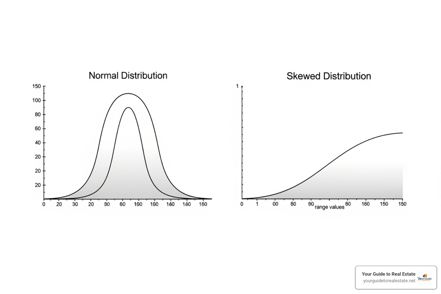 Comparing a normal distribution bell curve to a skewed distribution, showing a symmetrical bell shape for normal and an elongated tail for skewed - empirical rule calculator