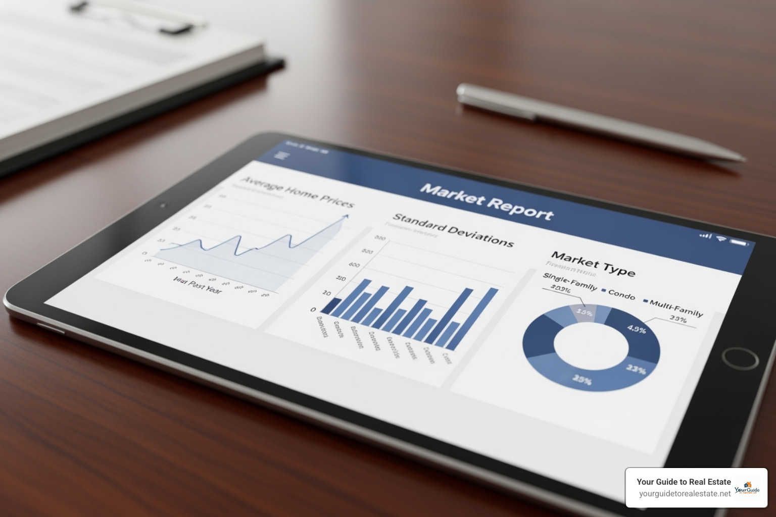 A real estate market report with charts showing average home prices, standard deviations, and market trends - empirical rule calculator