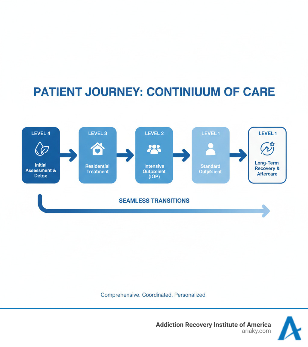 Infographic showing the complete patient journey through continuum of care, starting with initial assessment and detox (Level 4), progressing through residential treatment (Level 3), intensive outpatient programs (Level 2), standard outpatient care (Level 1), and ending with long-term recovery support and aftercare services, with arrows indicating seamless transitions between each stage - continuum of care infographic 