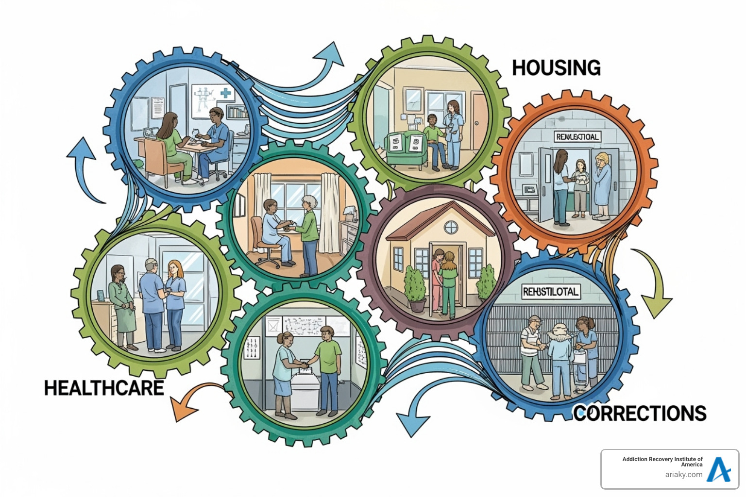 diagram of how different sectors (healthcare, housing, corrections) can integrate services - continuum of care
