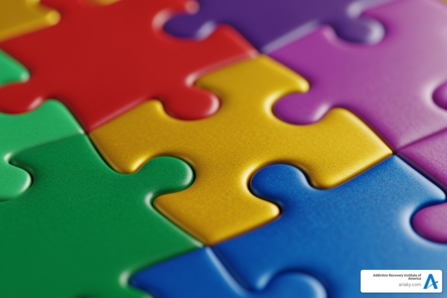 interconnected components of care like puzzle pieces labeled 'personnel', 'facilities', 'communication' - continuum of care
