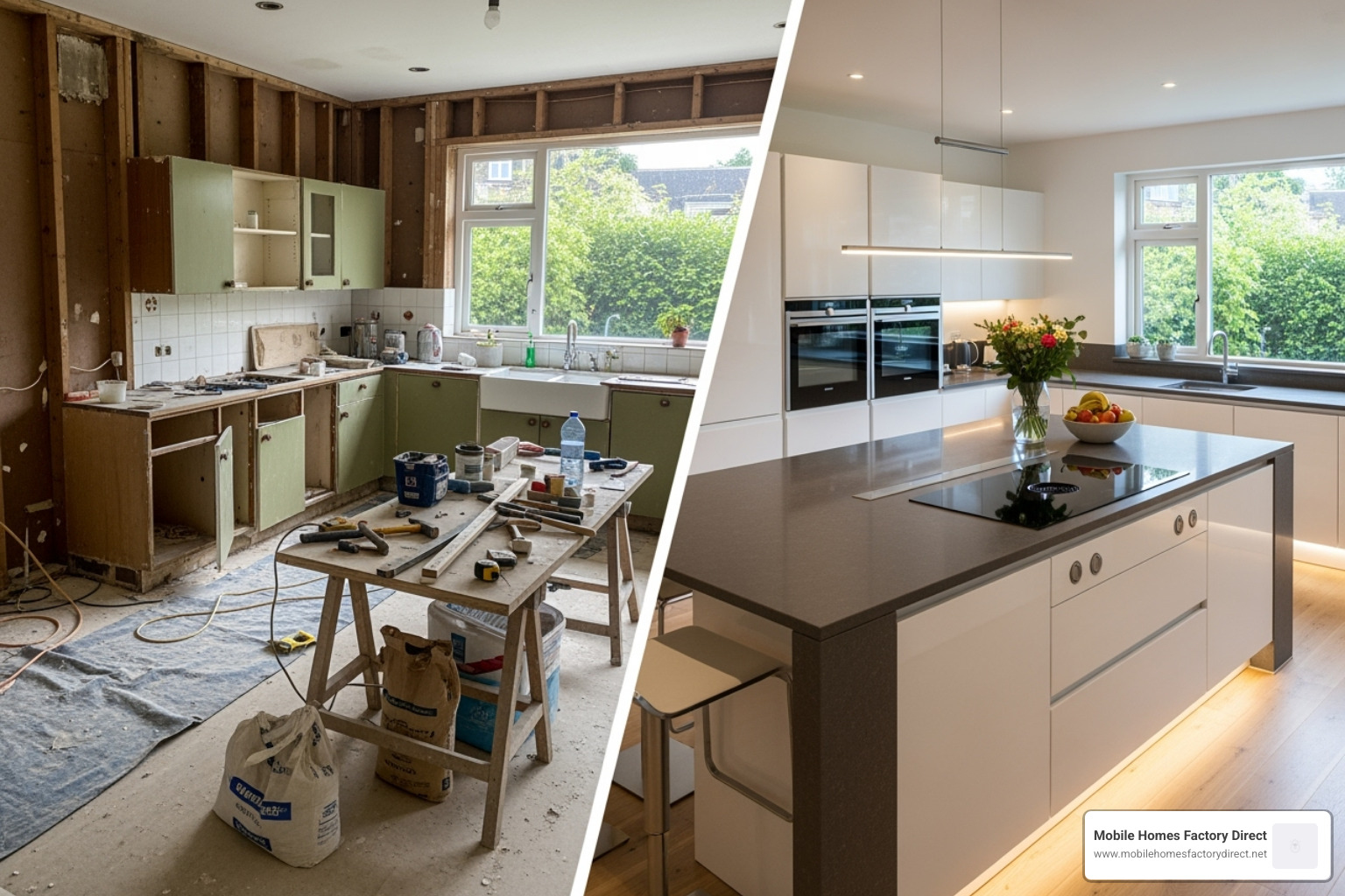 a kitchen during and after a renovation - houses for sale under 100k