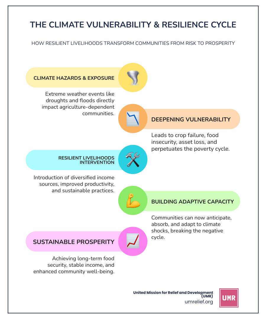 Infographic showing the cycle of climate vulnerability starting with climate hazards affecting vulnerable communities dependent on agriculture, leading to food insecurity and poverty, then showing how climate-resilient livelihoods intervention breaks this cycle by providing diversified income, improved productivity, and sustainable practices, ultimately leading to community resilience and prosperity - climate resilient livelihoods infographic infographic-line-5-steps-colors