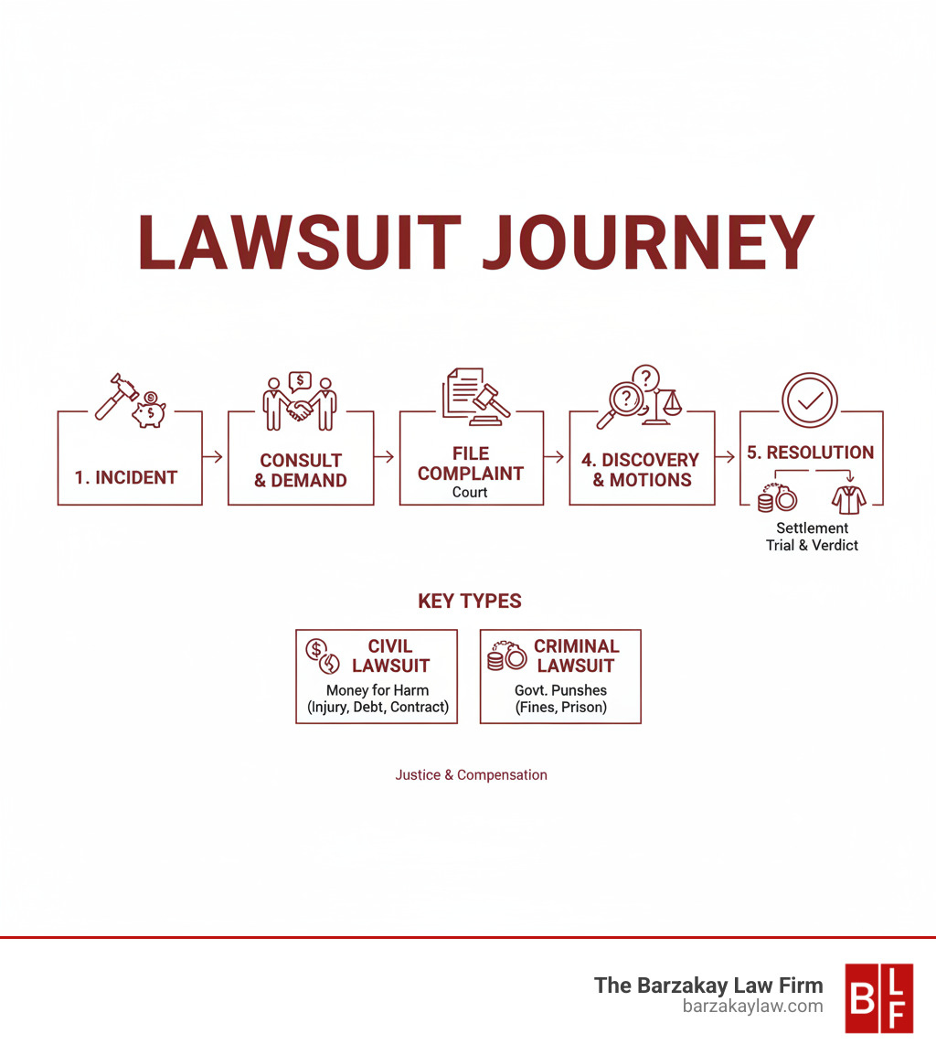 Infographic explaining the basic journey of a lawsuit from incident to resolution - how to sue infographic 