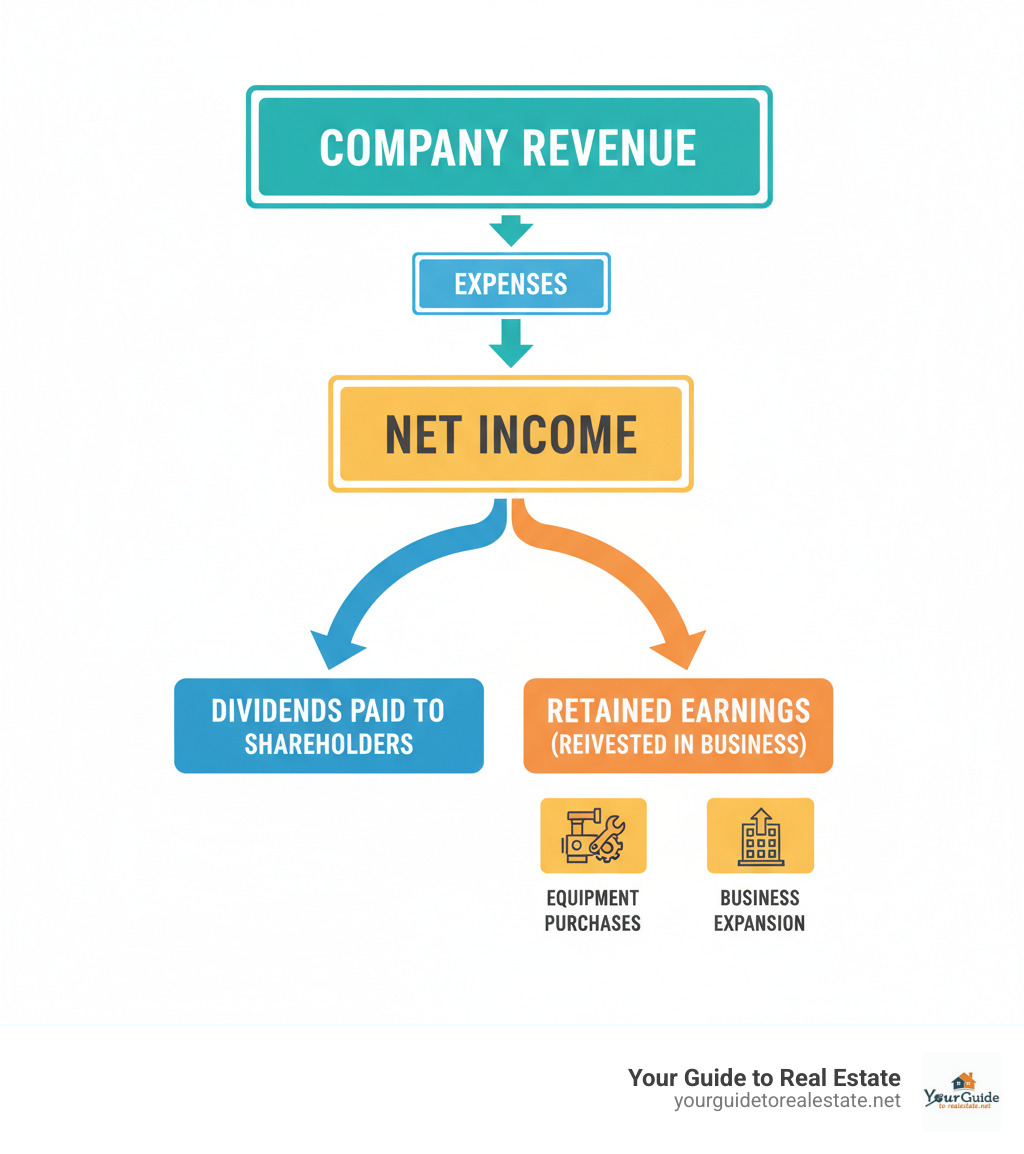 Detailed infographic showing the flow from company revenue through expenses and net income, with arrows indicating how net income splits between dividends paid to shareholders and retained earnings reinvested in the business, including examples of reinvestment activities like equipment purchases and expansion - retained earnings statement infographic 