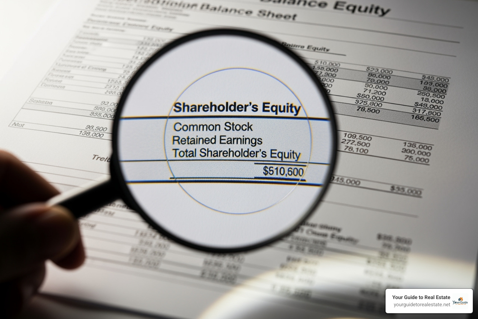 magnifying glass over the equity section of a balance sheet - retained earnings formula
