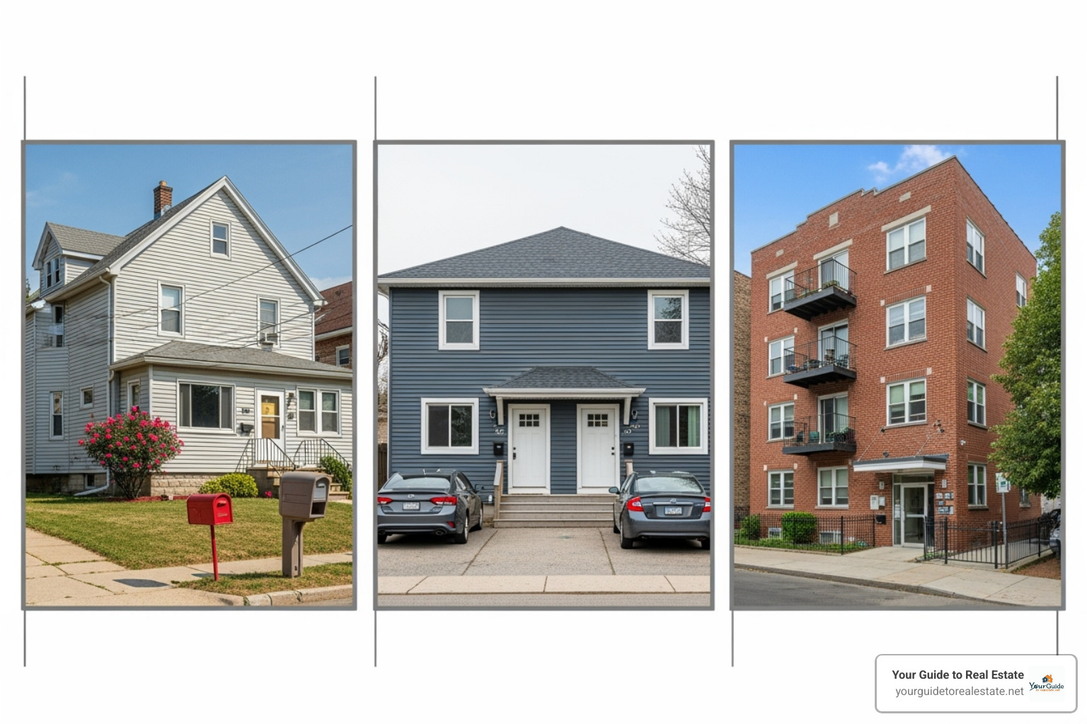 Collage showing a single-family home, a duplex, and a small apartment building - dscr loan requirements