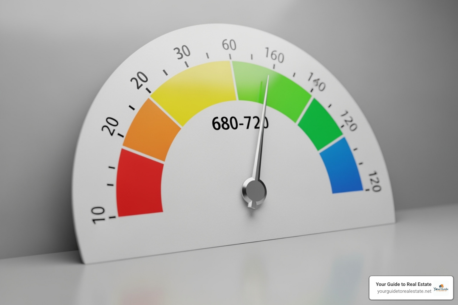 Credit score gauge pointing to the 680-720 range - dscr loan requirements