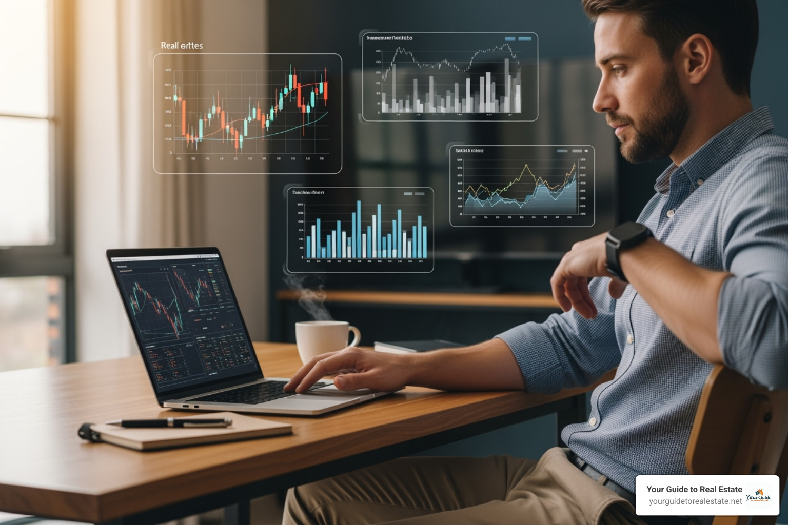 Self-employed person working on a laptop with real estate charts in the background - dscr loan requirements