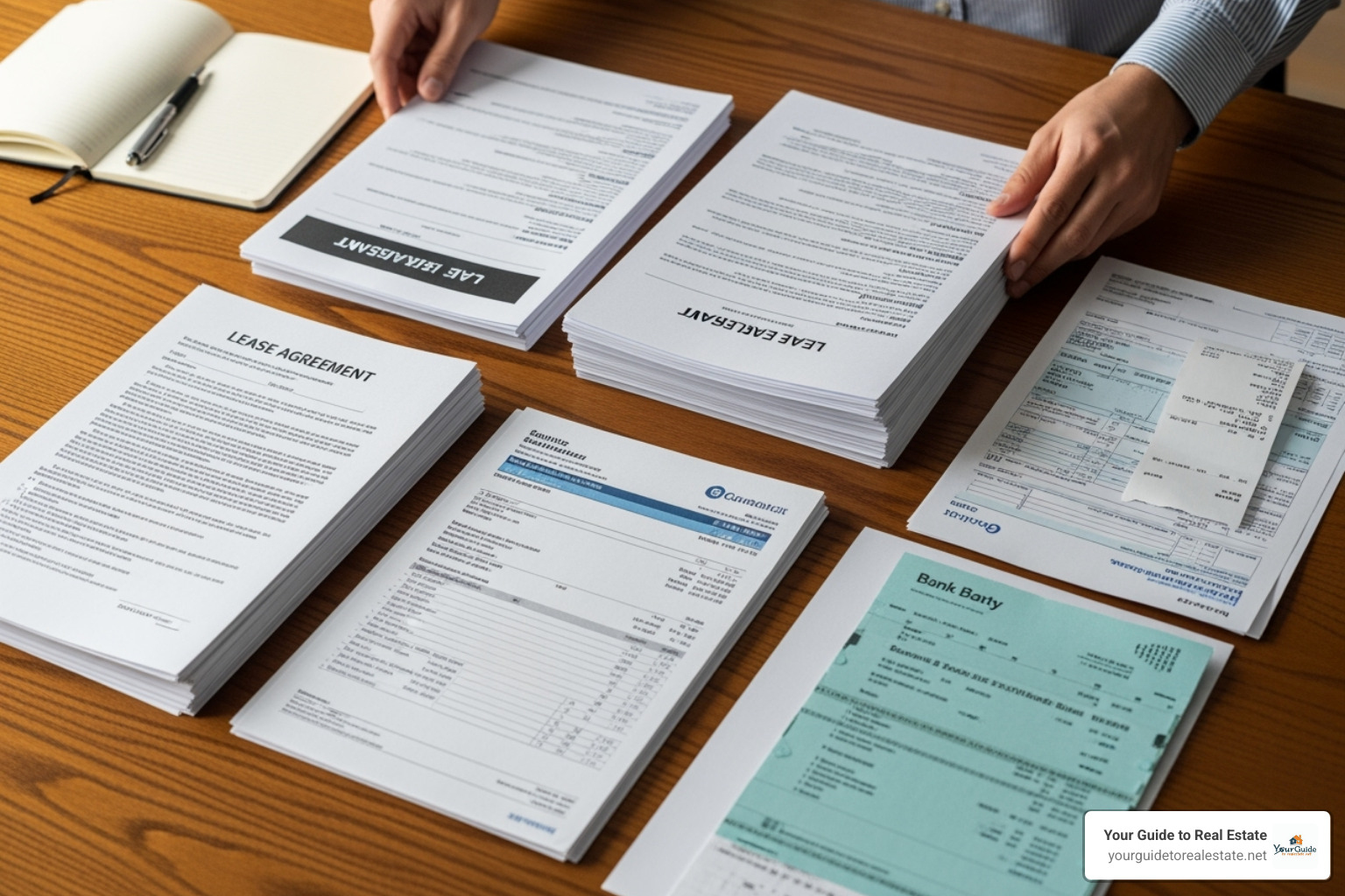 Person organizing documents like lease agreements and bank statements - dscr loan requirements