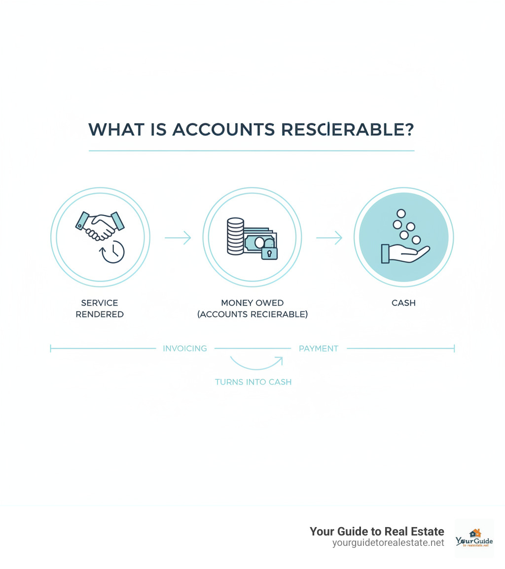 Infographic explaining what accounts receivable is, showing money owed for services rendered, eventually becoming cash - what is accounts receivable infographic Infographic explaining what accounts receivable is, showing money owed for services rendered, eventually becoming cash - what is accounts receivable infographic